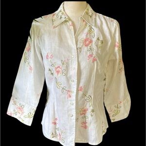 Edwards ladies 100% linen long sleeve white crocheted blouse medium exc cond